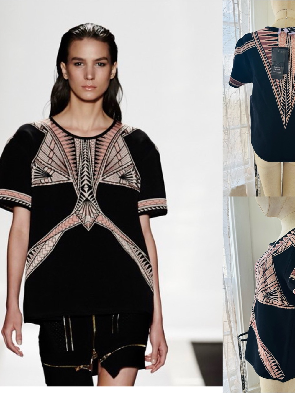 Herve Leger Black Short-Sleeve Top with Pink Geometric Embroidery